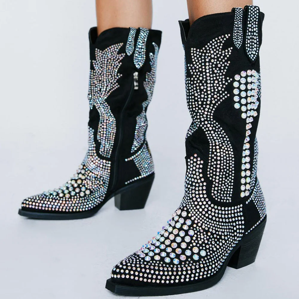 Rhinestone Decor Boots Black Cone Low Heel Boots for Women Nicepairs