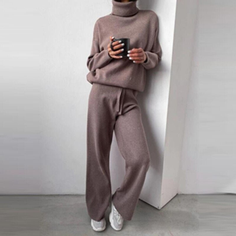 Women Turtleneck Tracksuit Suit Female Autumn Solid Casual Tops Pullovers Long Sleeve Long Pants Two Piece Sets Homewear Outfits