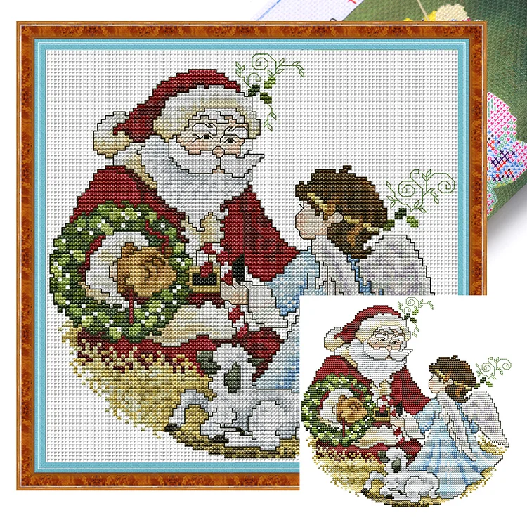 Joy Sunday- Santa Claus and little angel 1- 14CT - 2 Strands Threads Printed Cross Stitch - 26*27cm(Canvas)