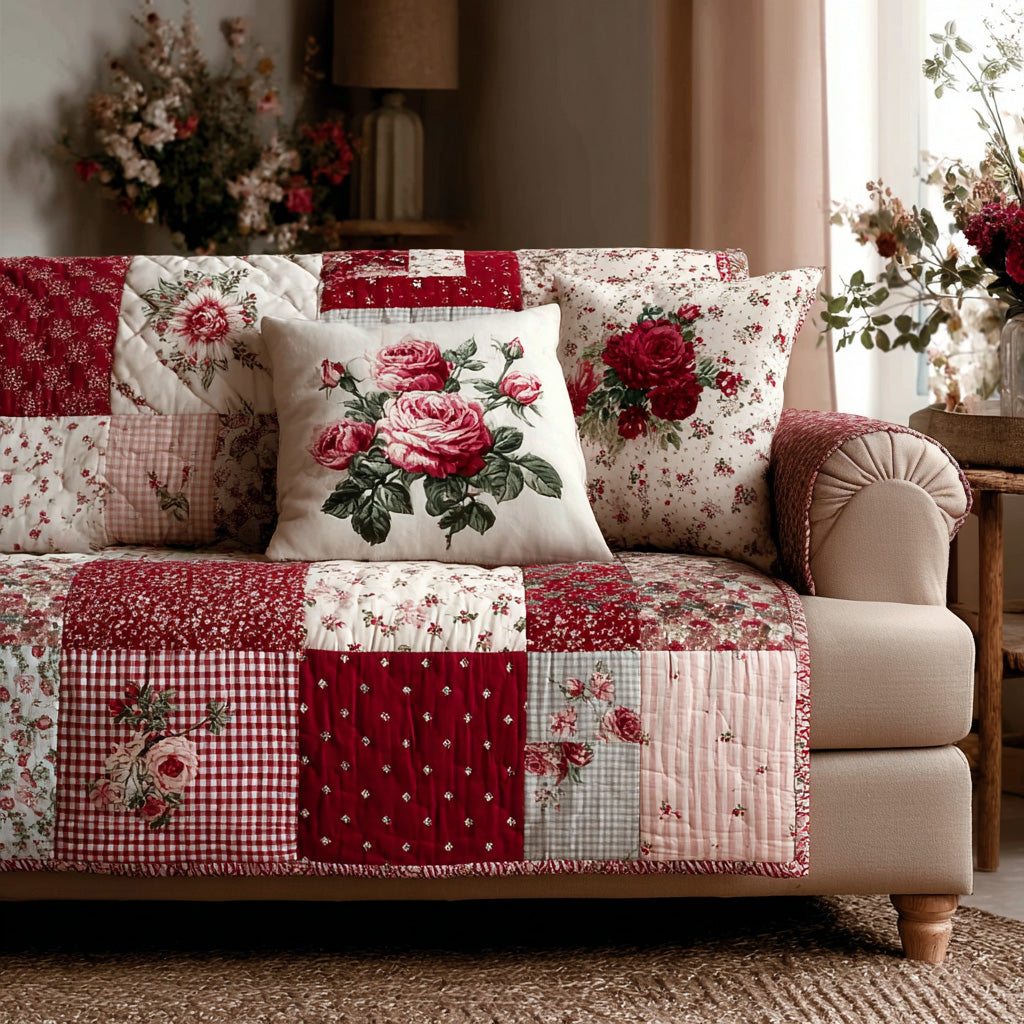 Crimson Heart Cottage Quilted Sofa Cover NCU0LDH201
