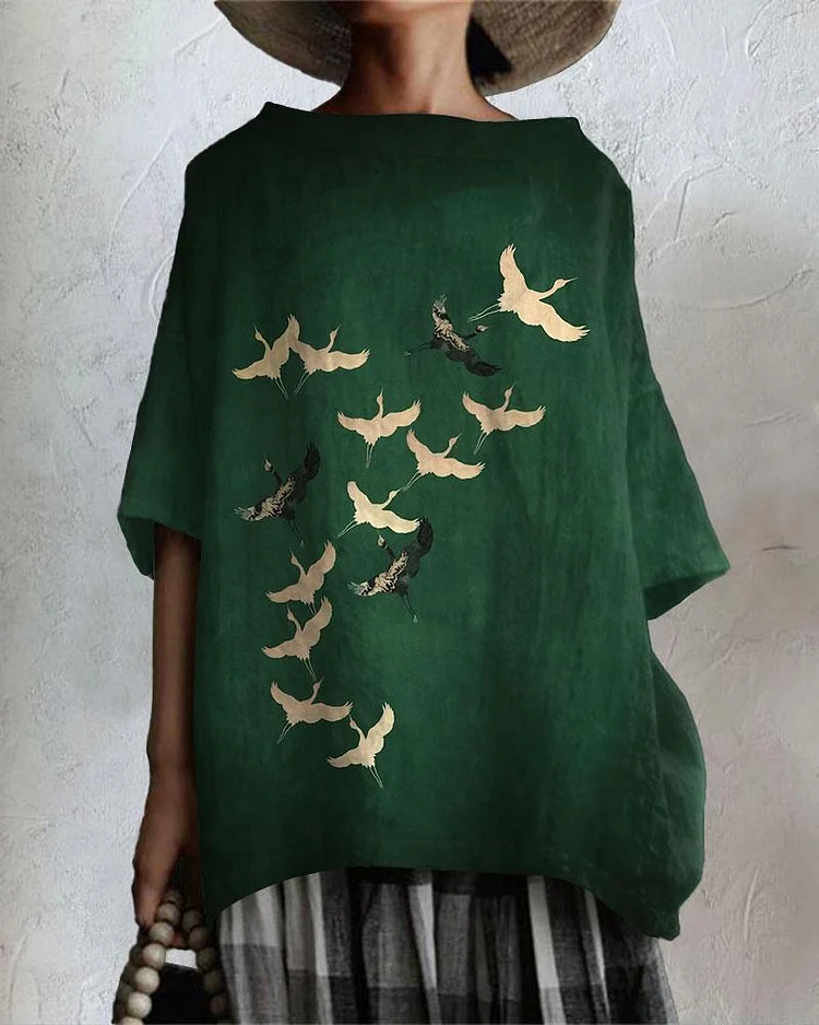 Japanese Art Golden Flying Crane Cotton And Linen Tunic Shirt