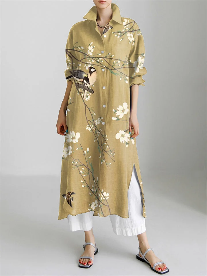Bird and Flower Art Pattern Long Sleeve Slit Shirt Dress