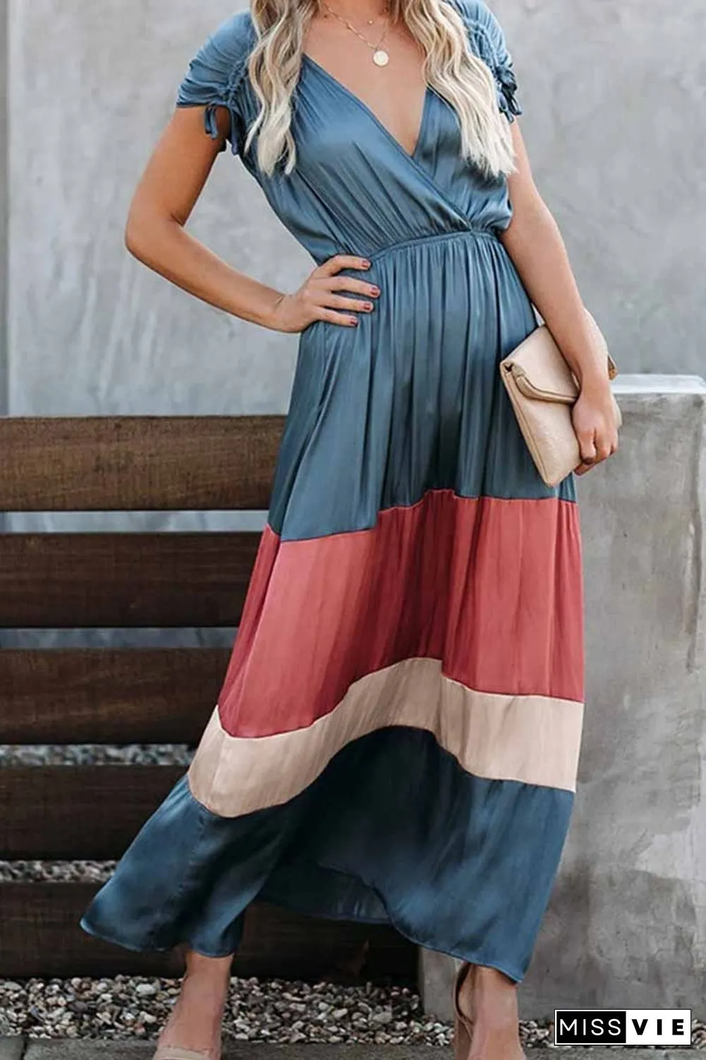 Summer Loose Multicolor Stitching V-Neck Short Sleeves Midi Dress