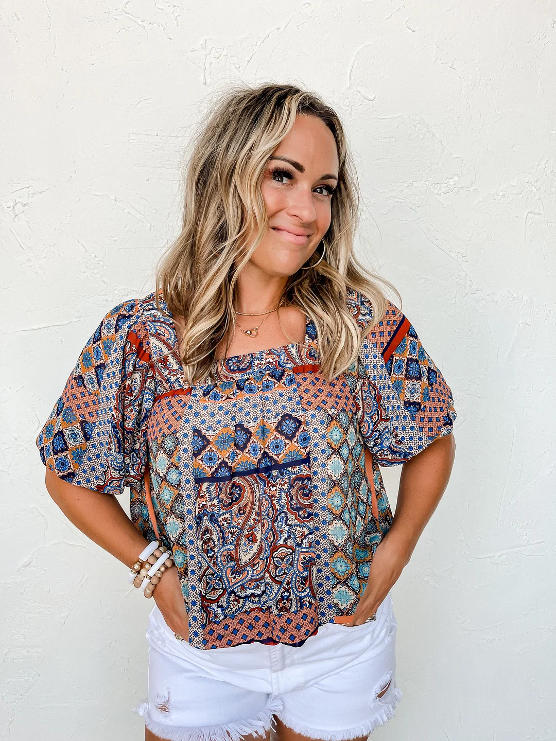 Hello Autumn Mixed Print Bubble Hem Top