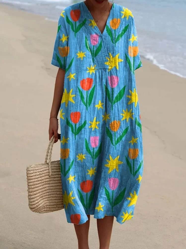 Tulip And Star Cartoon Pattern Printed Women's Flowy Dress