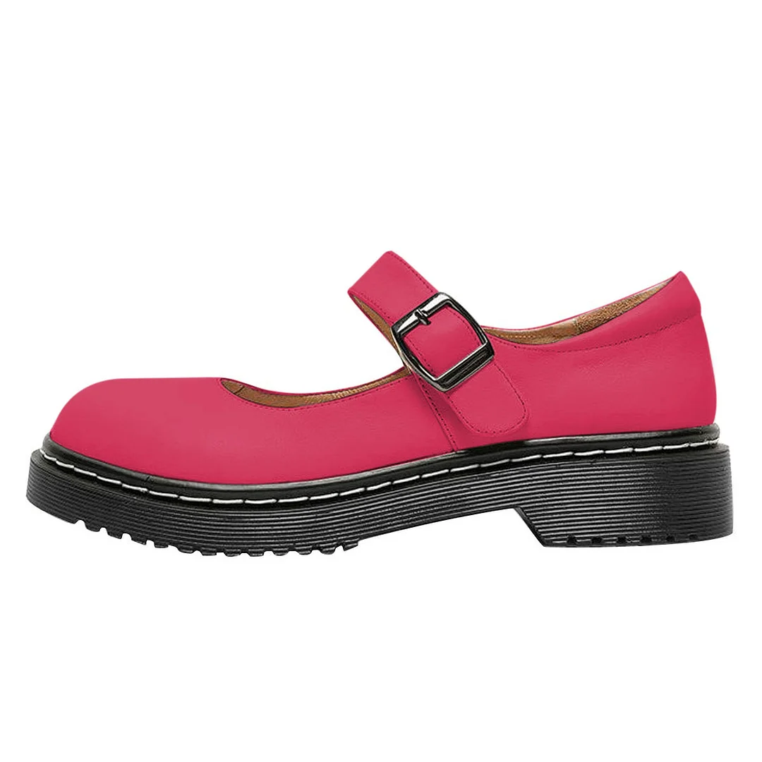 Vegan Leather Round Toe Strappy Platform Mary Janes in Fuchsia