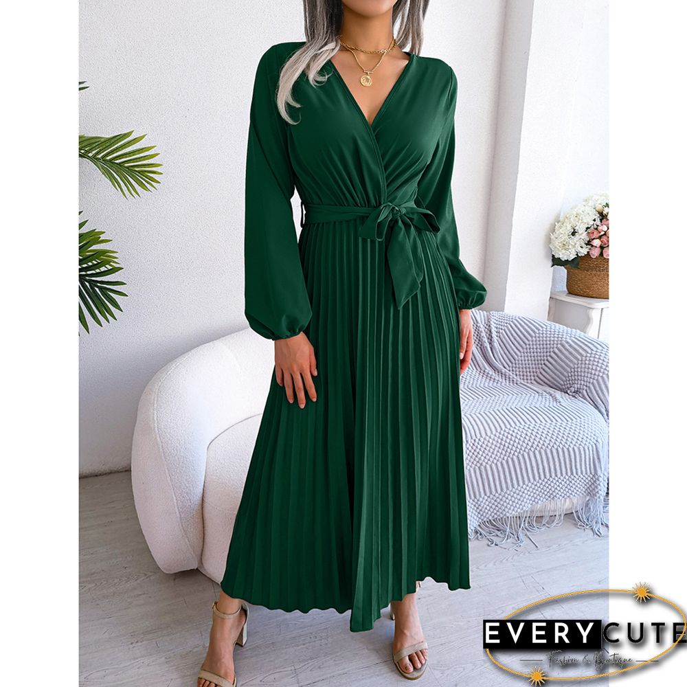 Green Wrap V Neck Pleated Long Sleeve Long Dress