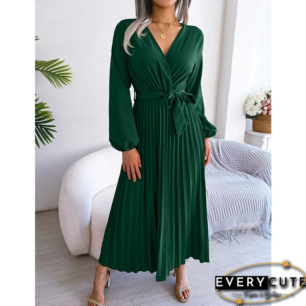 Green Wrap V Neck Pleated Long Sleeve Long Dress