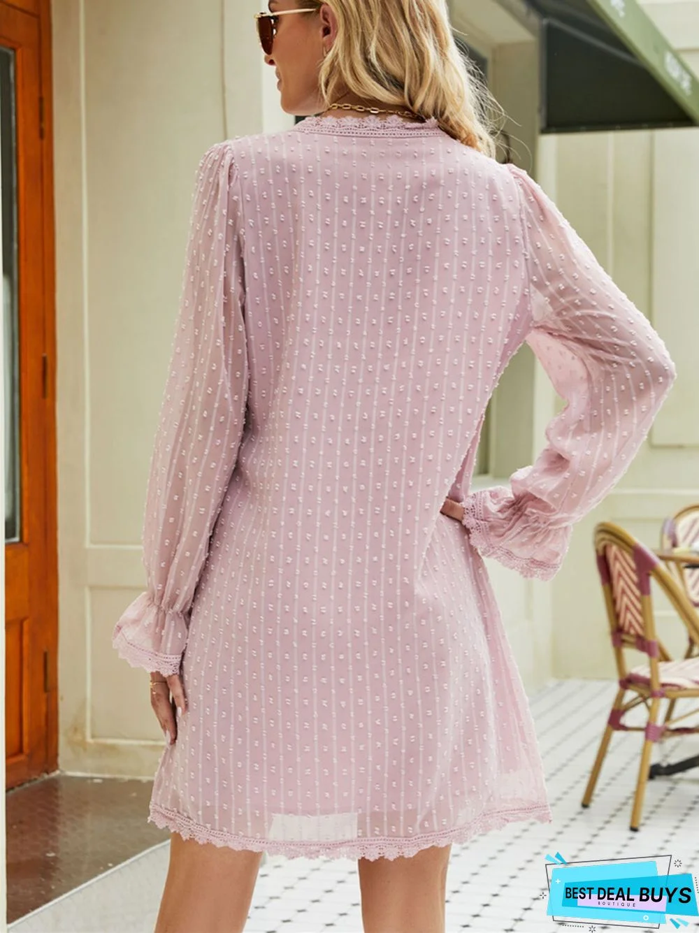 Casual Long Sleeve Solid Color Lace Chiffon V-Neck Dress