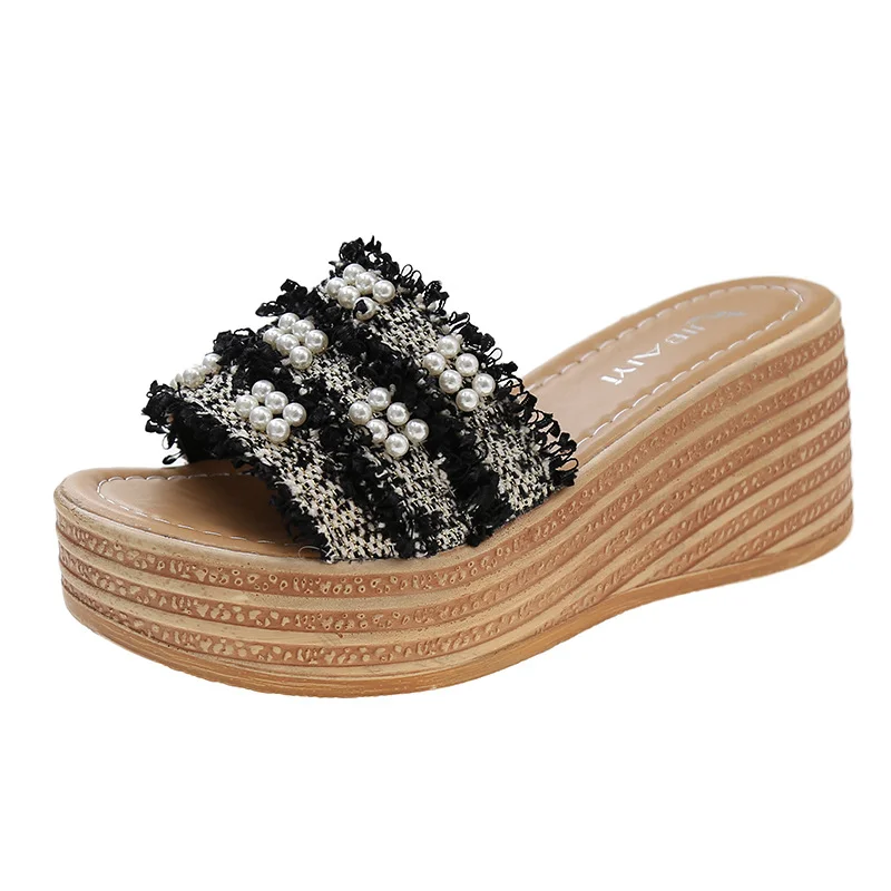Tanguoant Tanguoant Asia Border Trade Thick Bottom Slope With Cool Slippers Women's New Summer Leisure Women Open Toe Fashion Pearl Slippers