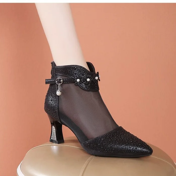 Yyvonne New Korean Version Of Fashion Tip Zipper High-Heeled Women's Sandals Large Size Water Drill Breathable Mesh Yarn Cool Boots