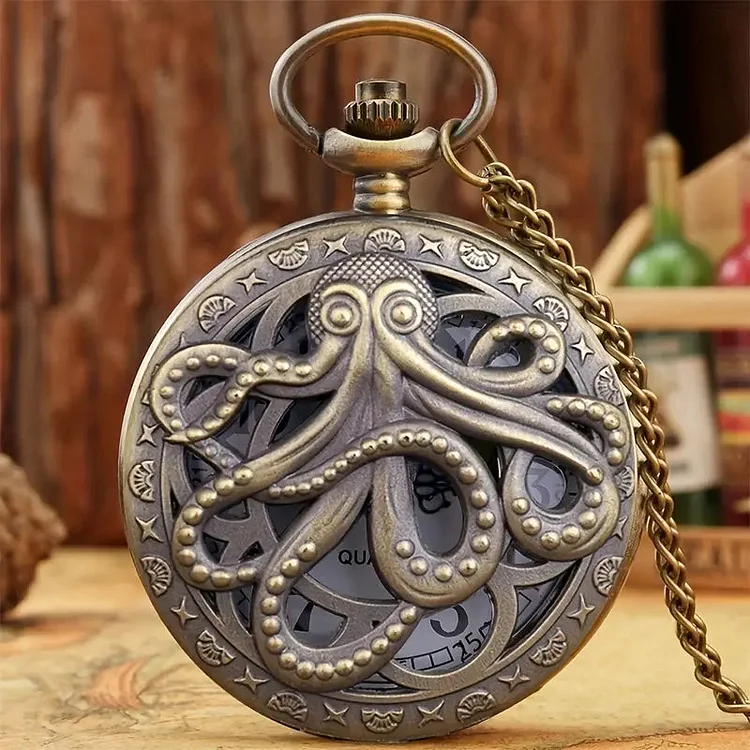 Vintage Bronze Octopus Flip Quartz Pocket Watch