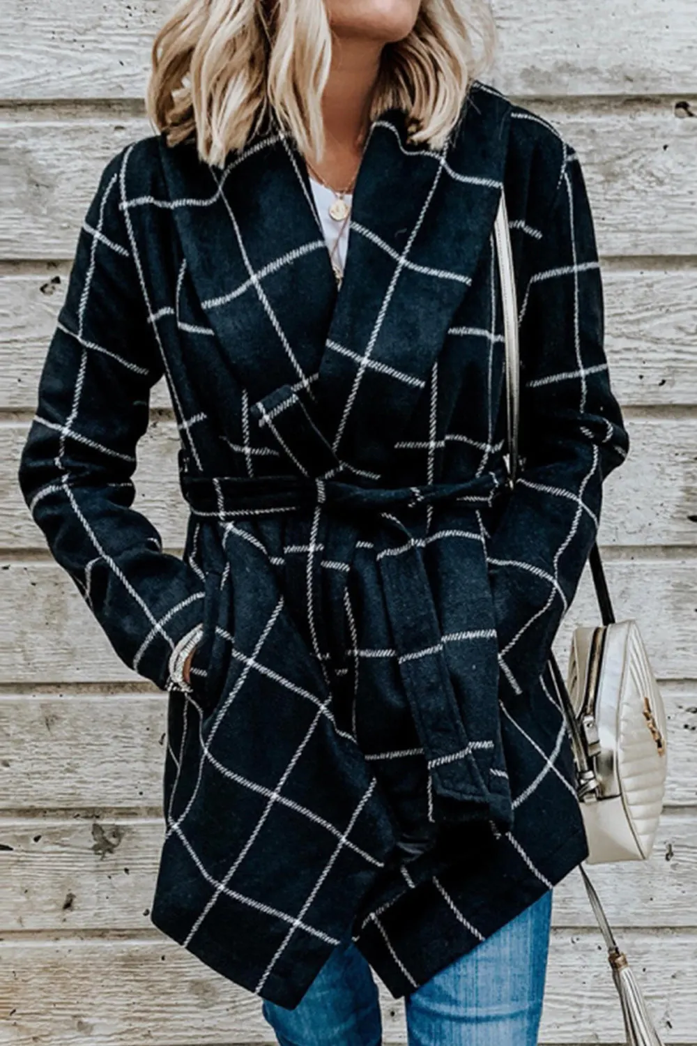 Belted Plaid Wrap Coat with Asymmetric Hem