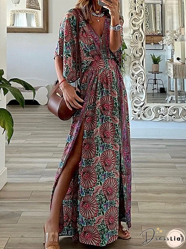 Long Dress Maxi Dress Casual Dress Swing Dress Summer Dress Floral Fashion Streetwear Outdoor Daily Vacation Split Print Short Sleeve V Neck Dress Loose Fit Red Spring Summer S M L XL for Women