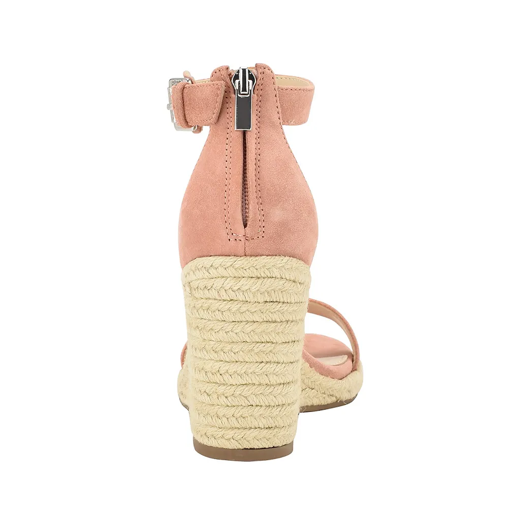Pink Ankle Strap Wedge Heel Vegan Suede Espadrille Sandals with Buckle