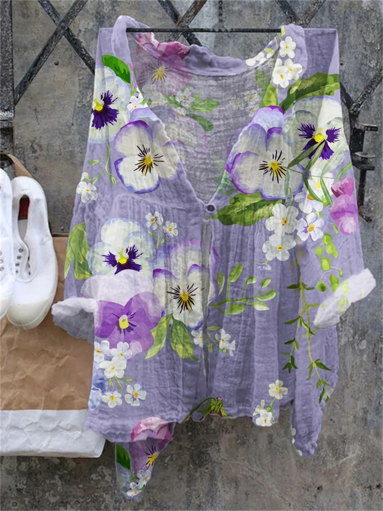 Classy Pansy Floral Art Flowy Tunic