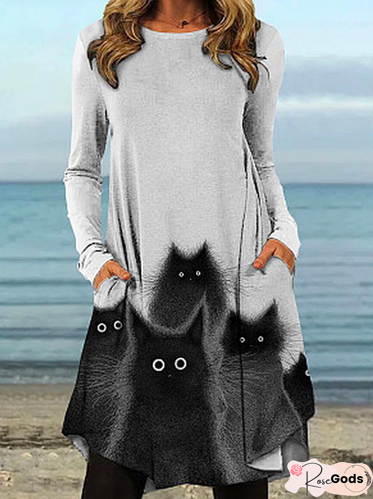 Cute Cat Pattern Crew Neck Casual Loose T-Shirt