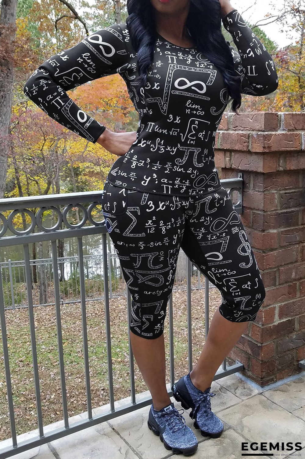 Black Casual Print Letter O Neck Long Sleeve Two Pieces | EGEMISS