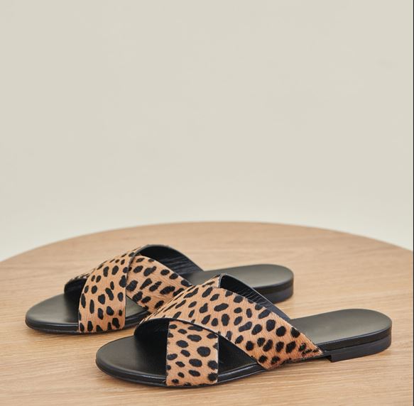 Brown Leopard Print Open Toe Flat Crisscross Strappy Mules Nicepairs
