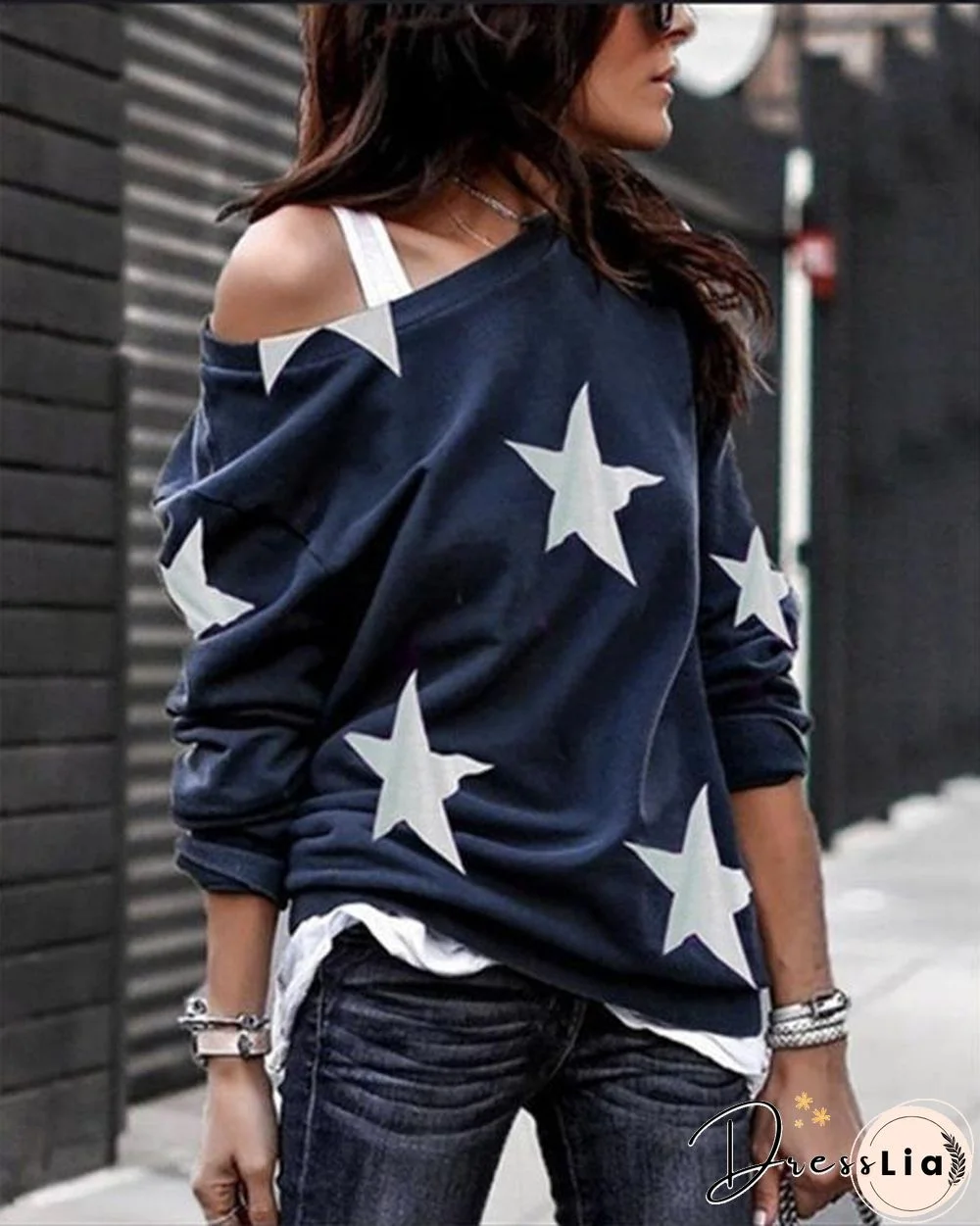 One Shoulder Star Printed Fall Loose  Daily Pullover Tops