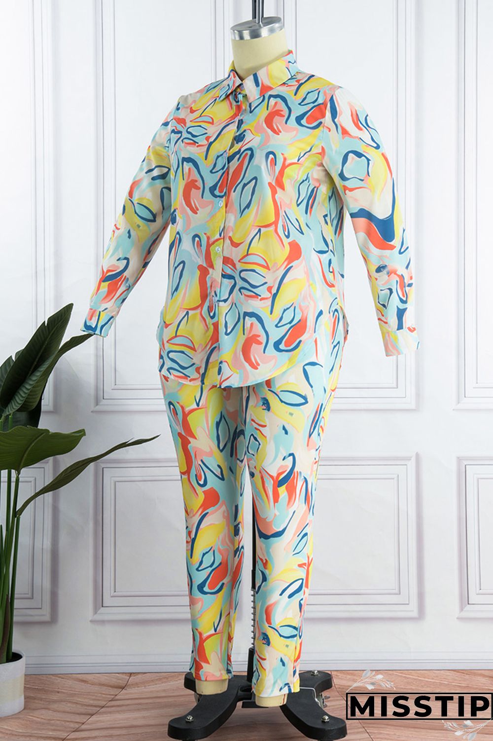 Orange Yellow Casual Print Patchwork Turndown Collar Plus Size Two Pieces
