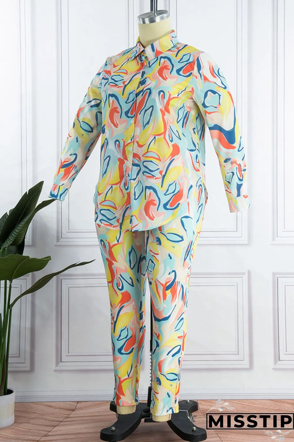 Orange Yellow Casual Print Patchwork Turndown Collar Plus Size Two Pieces