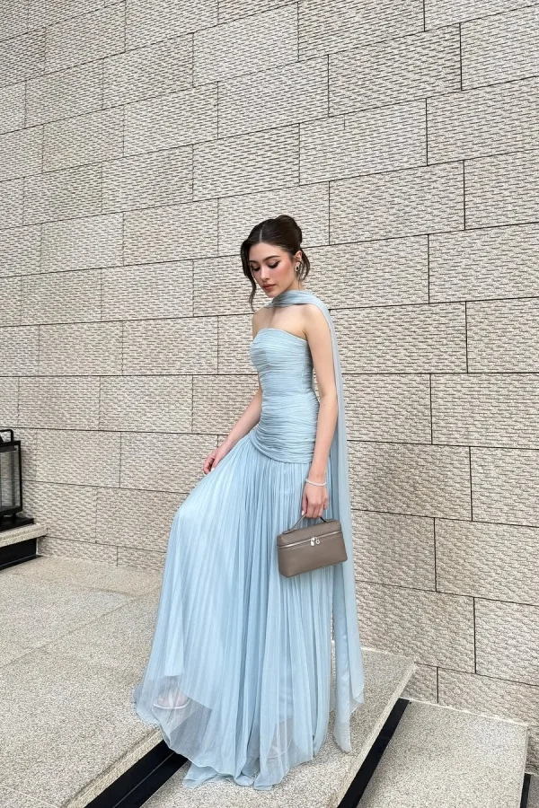 Light Blue Pleated Strapless Chiffon Elegant Prom Dress ZT0739