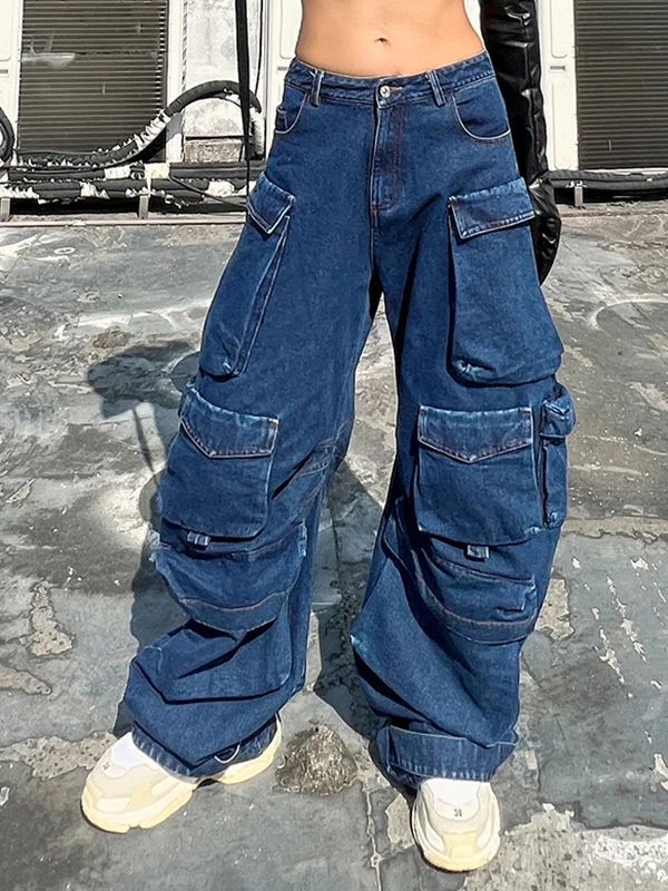 Original Wide Leg Loose Split-Joint With Big Pockets Jean Pants Bottoms