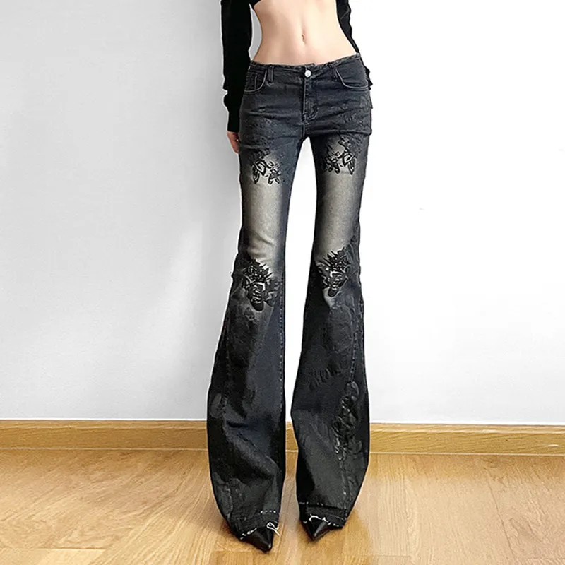 Churchf Churchf High Street Plant Print Wash Water Jeans 2023 Autumn Do Old Low Waist Micro La Pants New Style