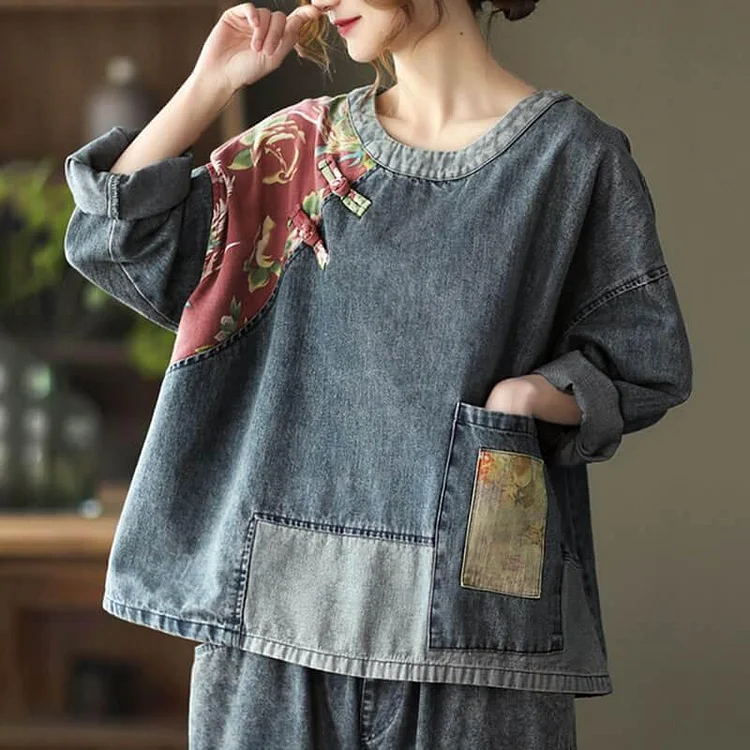 Women Oversize Patchwork Denim Sweatshirt Top