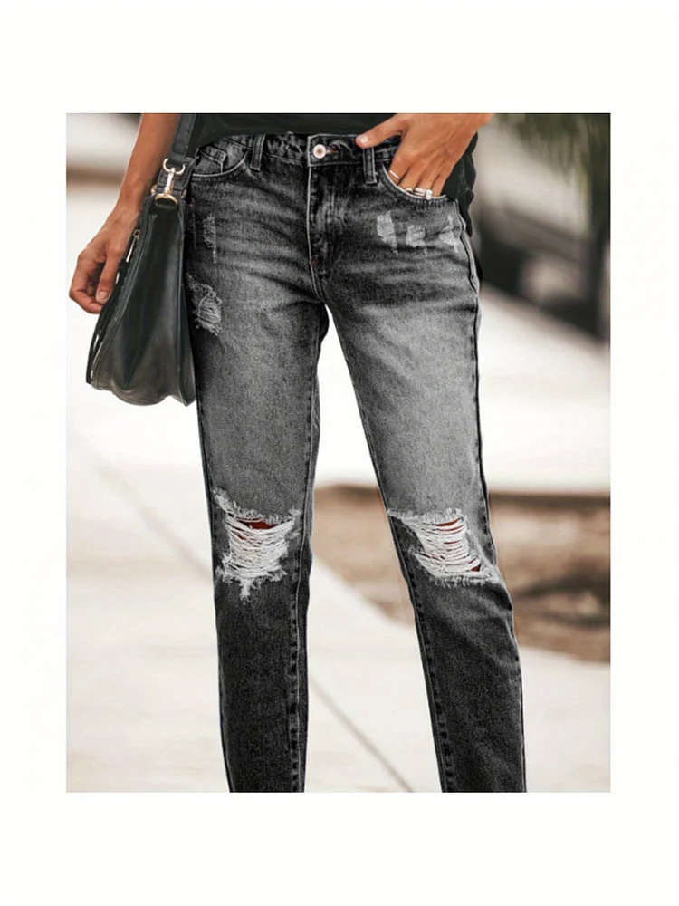 Cross-Border Trade Women's Distressed Straight-Leg Jean