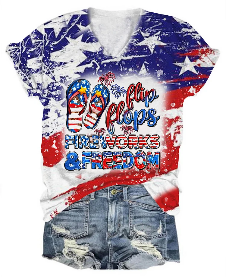 Women's Independence Day Flip flops fireworks Print V-Neck Casual T-Shirt socialshop