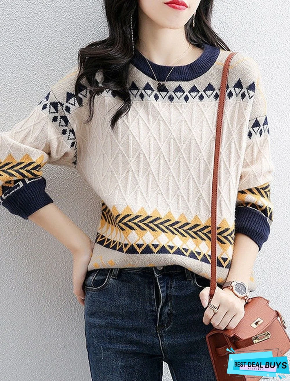 Fall/Winter Round Neck Retro Color Block Knitted Sweater