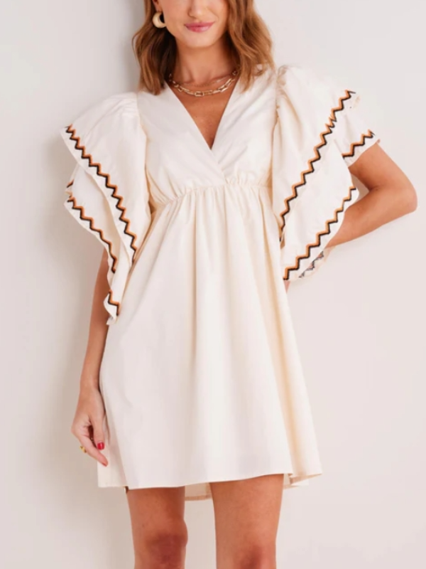 V-Neck With Big Sleeves Waist Level Mini Dress