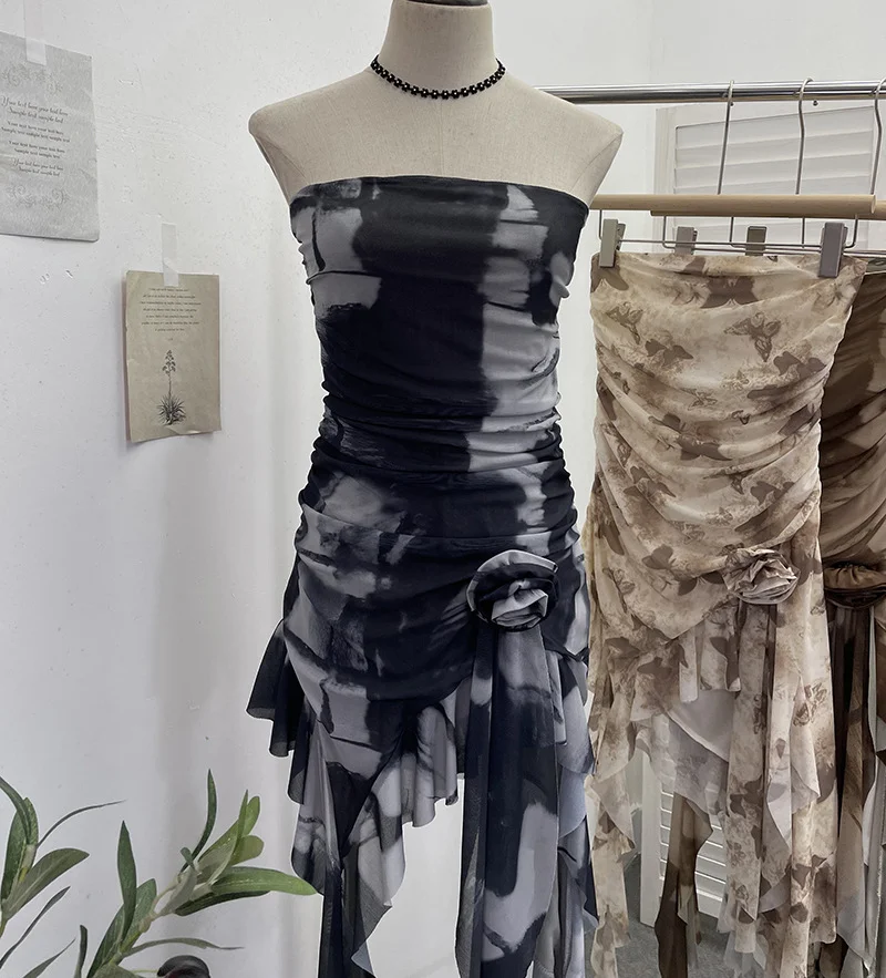 Uveng Solid Shot Tie Net Yarn Printing Irregular Ribbon Three-Dimensional Flowers Small Man With Chest Short Skirt Dress Dress 6652