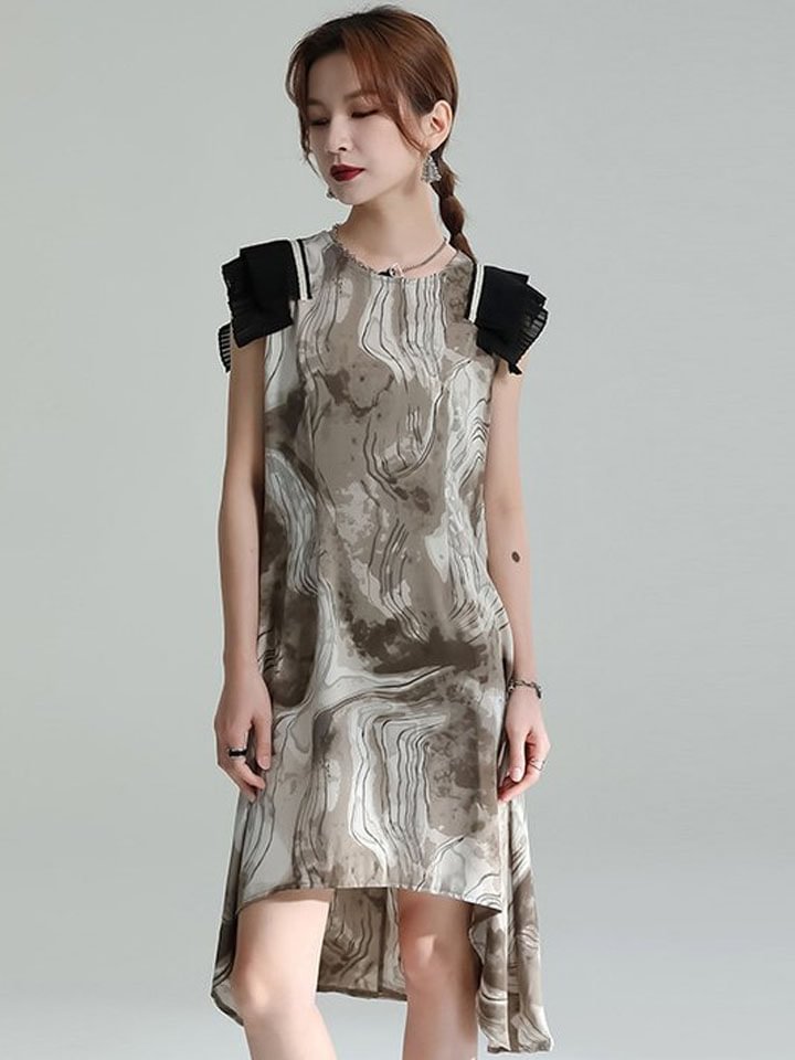 Fashionable Simple Tea Break Dress Pleated Print Irregular Dress | EGEMISS