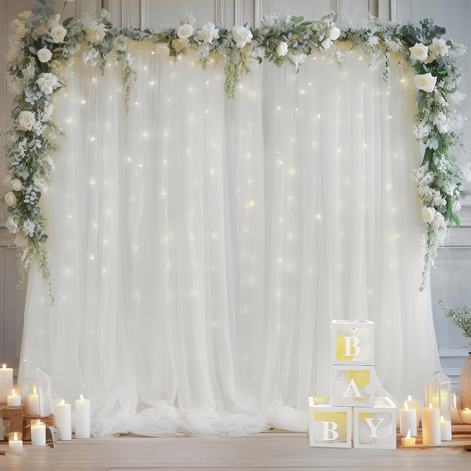 White Tulle Backdrop Curtain with Lights - 2pcs, 5.2x10ft Party & Photo Shoot Decor