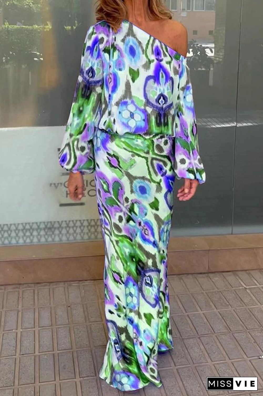 Sexy Floral Asymmetrical Oblique Collar Long Sleeve Two Pieces