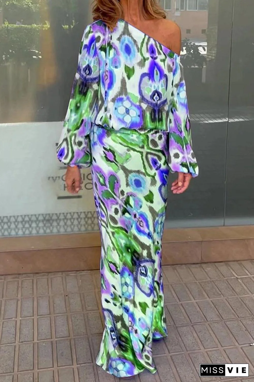 Sexy Floral Asymmetrical Oblique Collar Long Sleeve Two Pieces