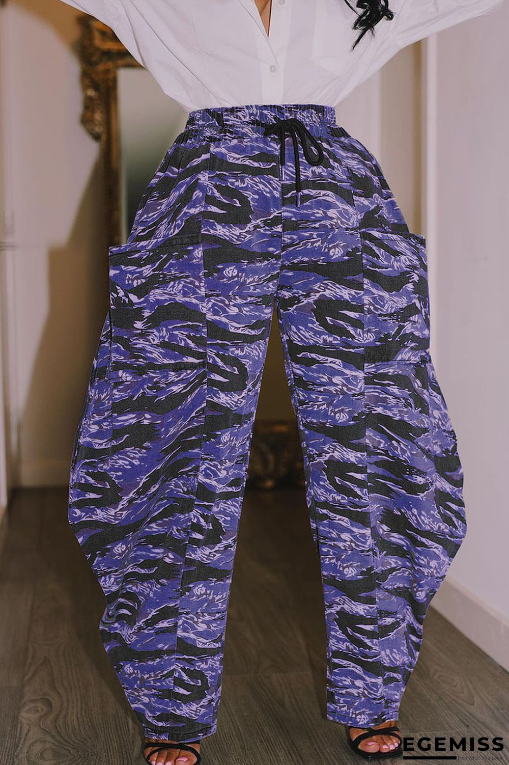 Purple Street Print Patchwork Pocket Loose High Waist Straight Full Print Bottoms | EGEMISS