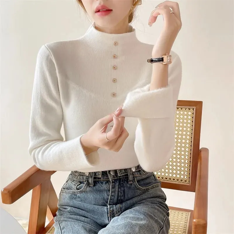 Women's Polyester High-Neck Long Sleeves Solid Pattern Sweater