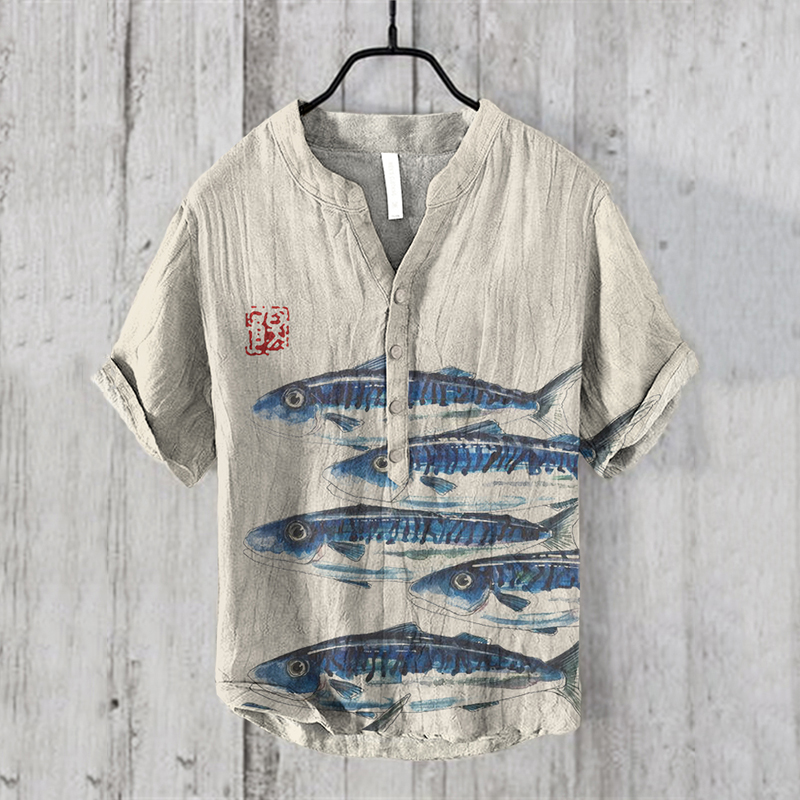 Vintage Japanese Fish Art Graphic Linen Blend Shirt wearshes