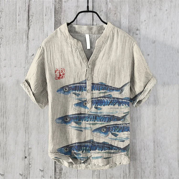 Vintage Japanese Fish Art Graphic Linen Blend Shirt