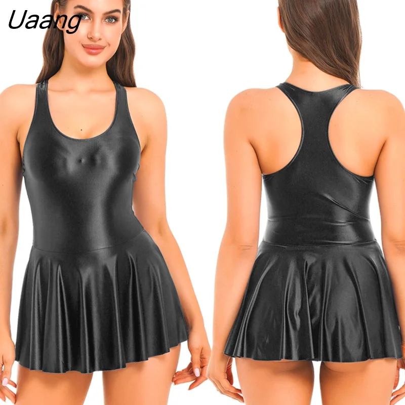 Uaang Womens Glossy Skirted Leotards Dance Dress Sexy Oil Shiny Tight Sports Yoga Ballet Practice Training Clothing Gymnastics Tutu