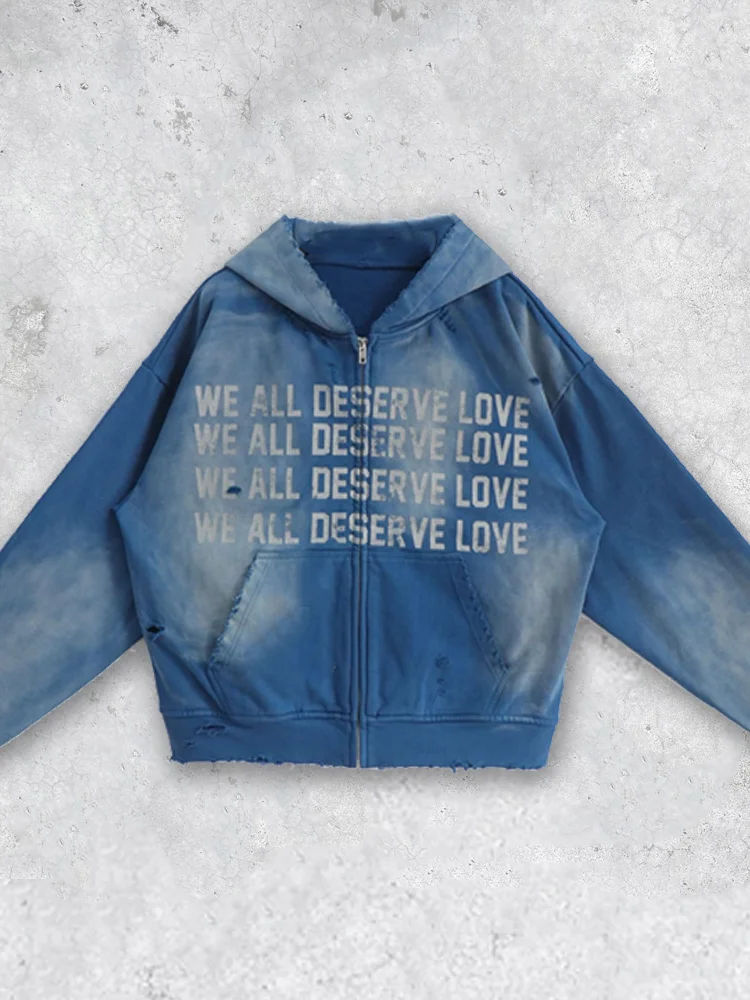 Washed And Worn Horizontal Banner Hooded Cardigan Sweatshirt