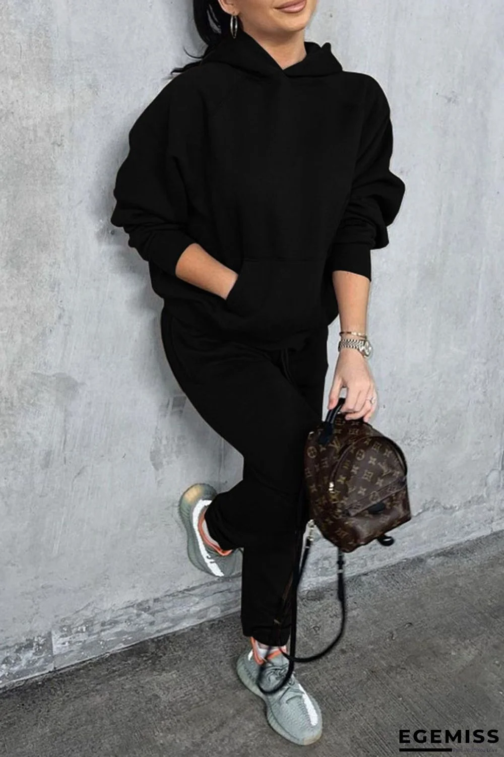 Black Casual Solid Patchwork Pocket Hooded Collar Long Sleeve Two Pieces | EGEMISS
