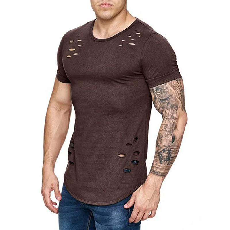 Men's Ripped Short Sleeves Slim Solid Solor Round Neck T-shirt Tough Men Wear With Vintage Colors