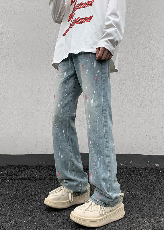 VCSHOES Blue Pockets Tie Dye Men Denim Straight Pants Fall