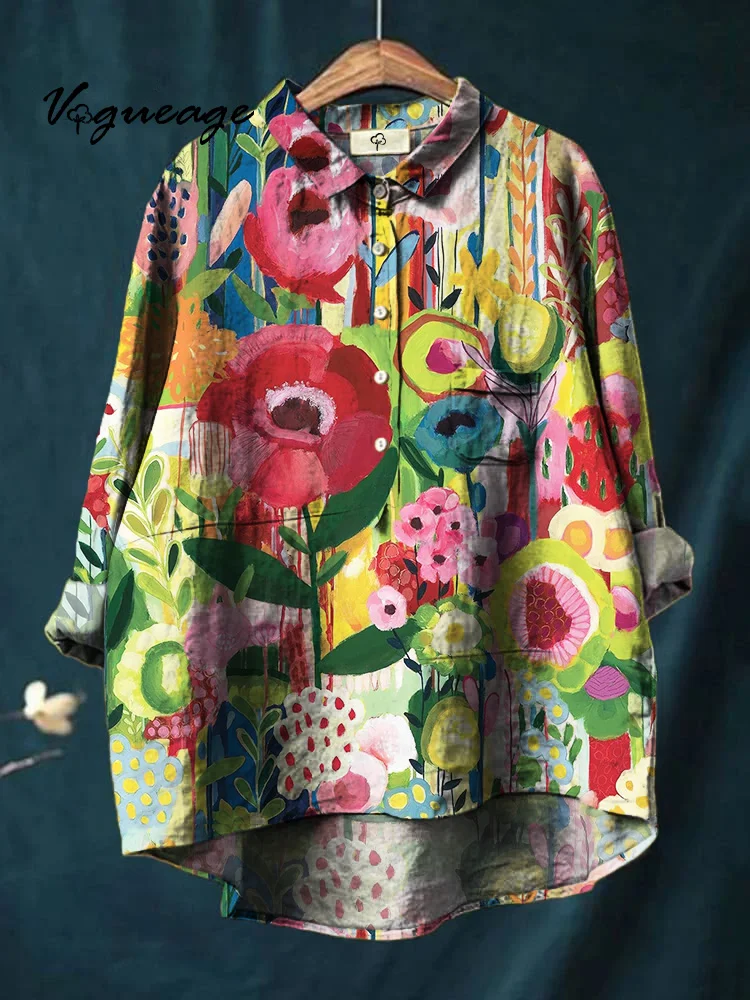 Colorful Oil Painting Of Plants And Flowers Print Cotton And Linen Shirt
