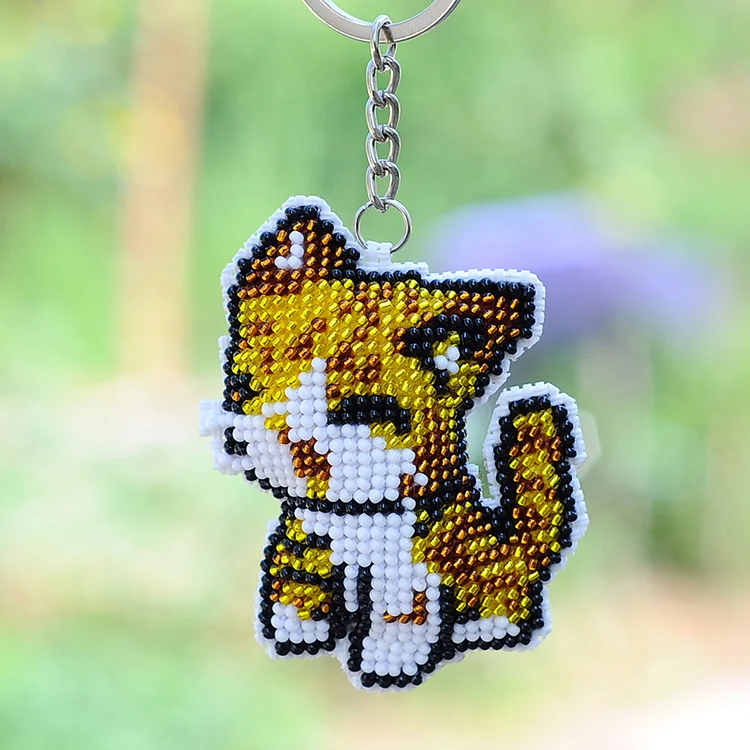 DIY Full Beads Cat Shape Printed Embroidery Keychains Cross Stitch Pendant